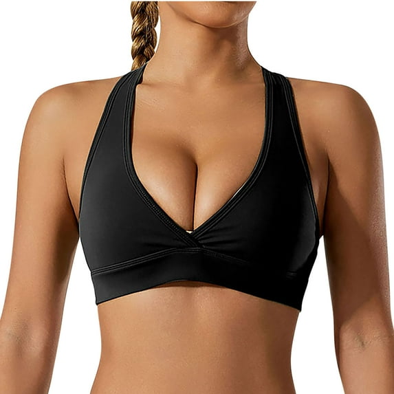 SwiftWear Sports Bra for Women Push Up Sports Bras Stretch Strappy Seamlesss Workout Top Padded Deep V-Neck Triangle Bralettes with Support Gym Bras Black ,S-XL