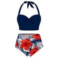 thumbnail image 1 of Nnhblu Women Floral Print High Waist Crop Tops+Shorts Two Piece Swimwear Halter Tummy Control Swimsuits for Women Discount&nbsp;Clearance Womens Bikini Swimsuits Navy, 1 of 4