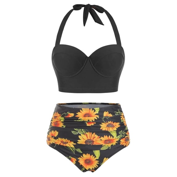 Nnhblu Women Floral Print High Waist Crop Tops+Shorts Two Piece Swimwear Halter Tummy Control Swimsuits for Women Sales Womens Bikini Swimsuits Black