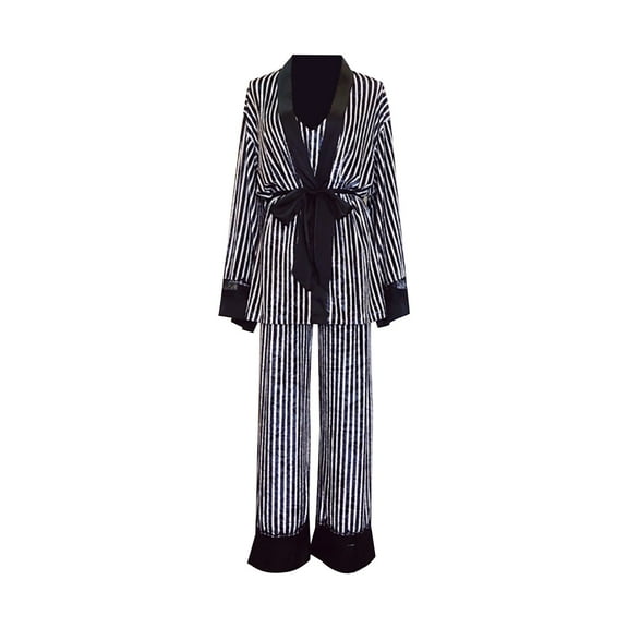 Nnhblu Women's Belt Striped Winter Home Wear Lace Pajamas Three-Piece Suit Womens Pajama Sets Pajamas for Women Black - XL