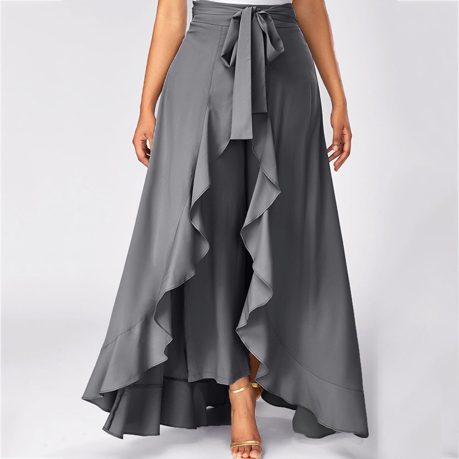 Women's Flowy Maxi Skirt – High Waist, Solid Color, Bow Belt, Ankle-Length With Irregular Hem