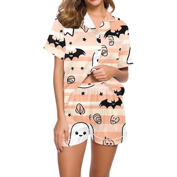 SwiftWear Women's Halloween Pajamas Set Collared Button Down Sleepwear Cute Ghost Spider Print Lounge Shorts Set Soft Homewear L