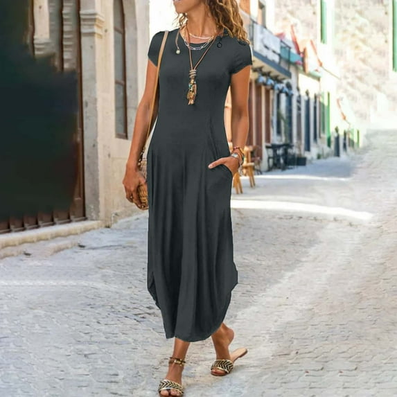 SwiftWear Women's O-Neck Mid-Waist Skirt Solid Color Short Sleeve Fashion Long Skirt Skirts for Women Sales Skirts for Women Trendy Gray