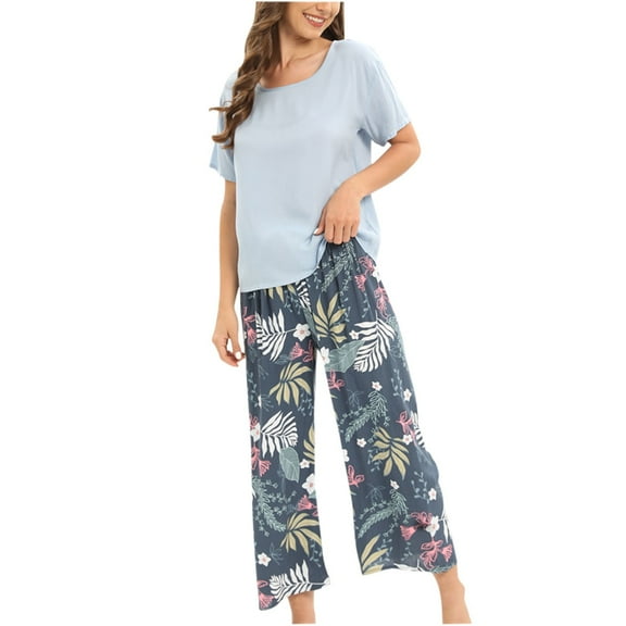 Nnhblu Women's Round- Neck Pajamas Long Sleeve Household Sets Pajama Sets for Women Soft Pajamas for Women Light Blue - XL