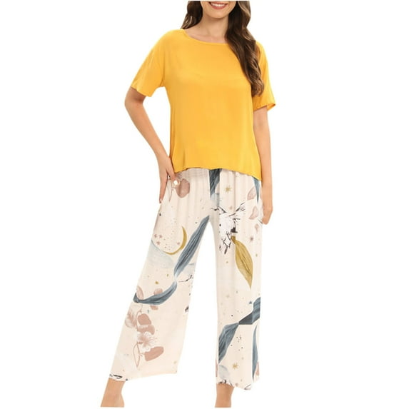 Nnhblu Women's Round- Neck Pajamas Long Sleeve Household Sets Pajama Sets for Women Soft Pajamas for Women Yellow - XL