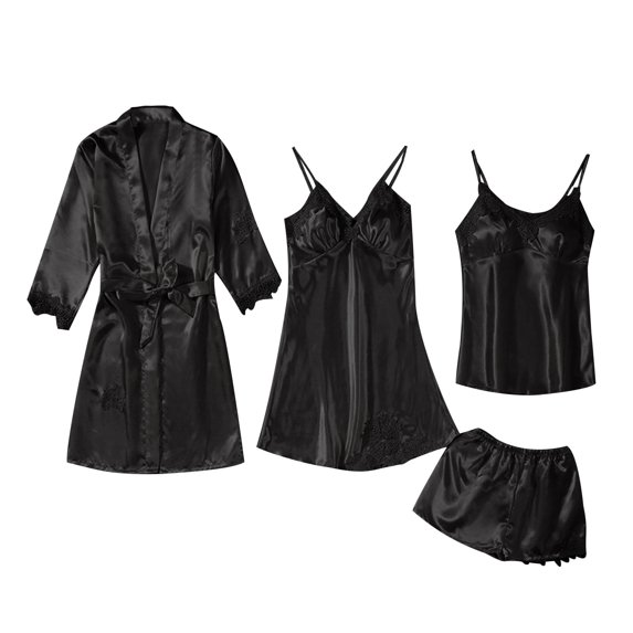 Nnhblu Womens 4pcs Pajamas Sets Silk Satin Nightgown Sleepwear Cami Shorts with Robe Set Nightwear Soft Lounge Set Black