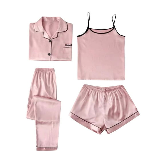 Nnhblu Womens 4pcs Pajamas Sets Silk Satin Pjs Set Cami with Short,Long Sleeve Tops with Pajama Pants Loungewear Sets Rose Gold