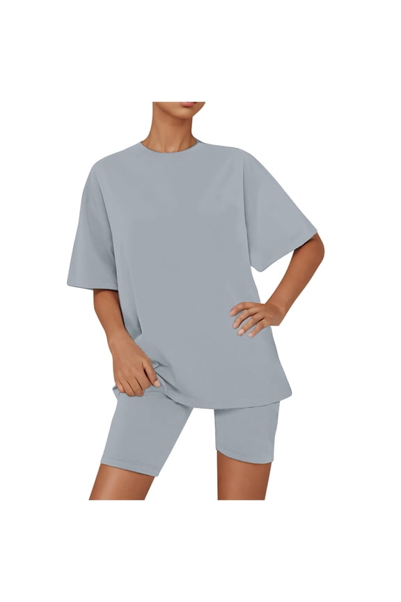 2 Piece Gray Outfit for Women Summer Casual Homewear Suit Simple Lounge Set 2 Piece