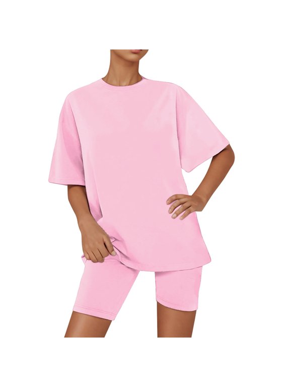 2 Piece Pink Outfit for Women Summer Casual Homewear Suit Simple Lounge Set 2 Piece