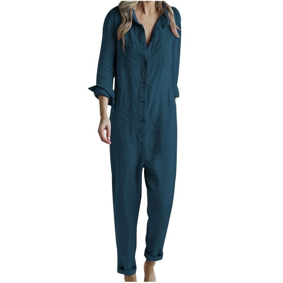 Nnhbluo Spring Jumpsuits for Women 2024 Casual Dressy One Piece Outfits Button Jumpsuit V Neck Long Sleeve Collared Pockets Long Pants Romper Navy,L