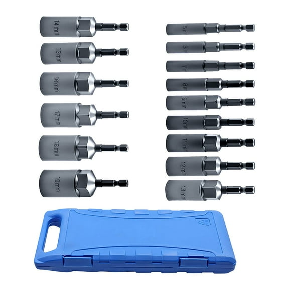 Nnndbs 15-Piece Hex Bit Socket Set, 1/4 Inch Hex Shank Nut Driver Drill Bits 5.5-19mm for Power Tools Screwdrivers Ratchets