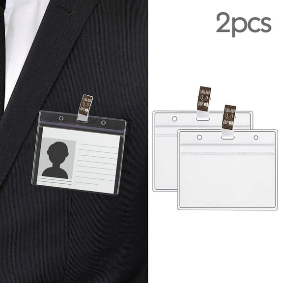 Nnndbs 2 Pack Horizontal ID Badge Holder with Clip, 6.8x4.7cm Clear Name Card Protector, Reusable Card Sleeve with Top Punch Hole for Work ID Credit Card Badge Lanyard Rope
