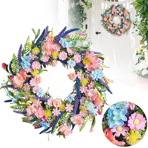 Nnndbs 20 Inch Spring Artificial Flower Wreath，Colorful Forsythia Wild Flowers Wreath with Green Leaves，Grapevine Base for Front Door Wall，Indoor Outdoor Home Decor Easter Everyday