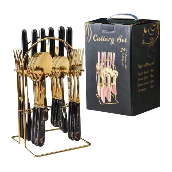 Nnndbs 24-Piece Stainless Steel Cutlery Set with Stand, Mirror Polished Flatware Set for 6, Silverware Set with Hanging Holder for Home Kitchen