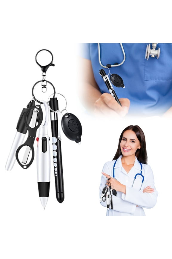 6 Piece Nurse Pen Set with Badge Reel Clip, Retractable Ballpoint Pen, Marker, Highlighter, LED Flashlight Keychain & Foldable Scissors for Nurses`