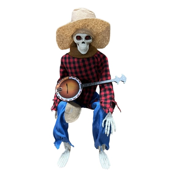 Nnndbs Animated Banjo Playing Skeleton Halloween Decoration, Light Up Skeleton Musician with Glowing Eyes, Battery Operated Spooky Ornament for Party Home