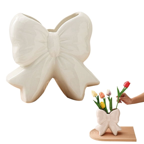 Nnndbs Bow Shape Ceramic Flower Vase，Farmhouse Hand Blown White Vase for Home Decor，6.8 Inch Large for Table Shelf Mantel，Decorative Centerpiece for Living Room Bedroom Wedding