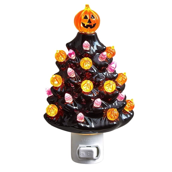 Nnndbs Ceramic Halloween Tree Night Light, LED Black Glow Tree with Orange Pumpkin Bulbs for Indoor Home Decor