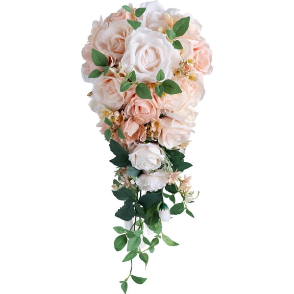 Nnndbs Champagne White Artificial Rose Wedding Bouquet, Silk Cascading Bridal Bouquet with Greenery, Realistic Flowers for Wedding Photo Prop