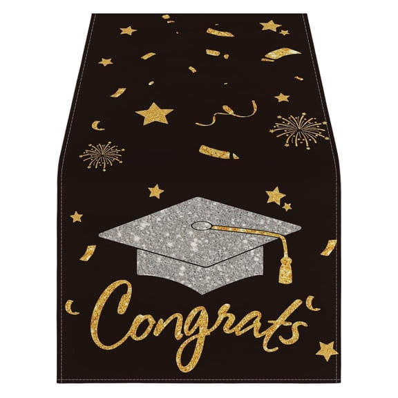 Nnndbs Graduation Table Runner Class of 2026， Black Gold Congrats Grad Runner 13 x 72 Inch， Disposable Polyester Table Cover for Grad Party Dining