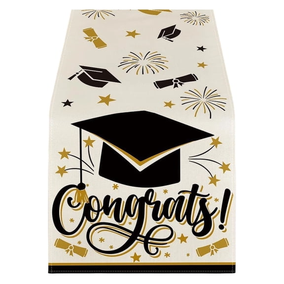 Nnndbs Graduation Table Runner Class of 2026， Black Gold Congrats Grad Runner 13 x 72 Inch， Disposable Polyester Table Cover for Grad Party Dining