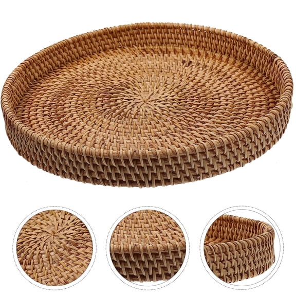 Nnndbs Large Round Rattan Tray,9.45" Handwoven Wicker Bread Basket,Decorative Storage Serving Bowl for Kitchen Table Countertop,Rustic Farmhouse Fruit Holder