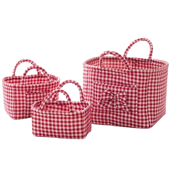 Nnndbs Set of 3 Farmhouse Storage Bins, Red Checkered Quilted Fabric Storage Boxes with Handles, Foldable Organizer Baskets for Home