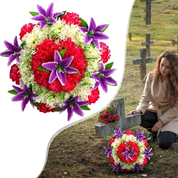 Nnndbs White Artificial Lily Memorial Wreath 34cm Cemetery Grave Flowers for Tombstone Sympathy Decoration UV Resistant Outdoor Floral Wreath for Memorial Day Funeral Grave Decor