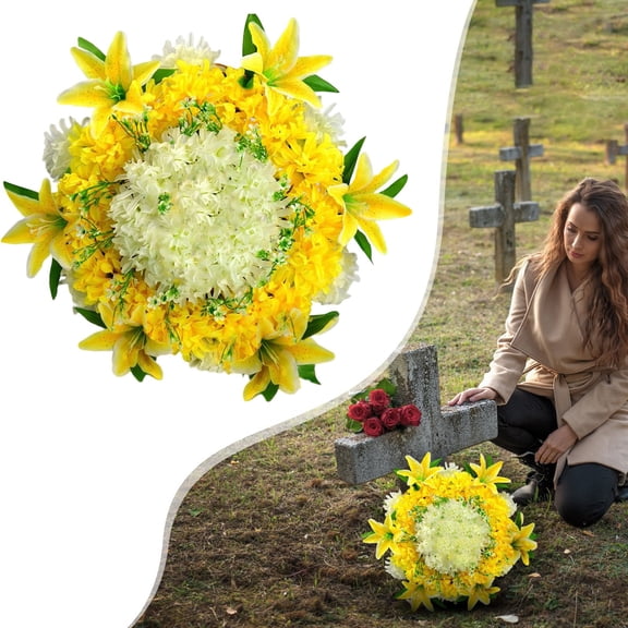 Nnndbs White Artificial Lily Memorial Wreath 40cm Cemetery Grave Flowers for Tombstone Sympathy Decoration UV Resistant Outdoor Floral Wreath for Memorial Day Funeral Grave Decor