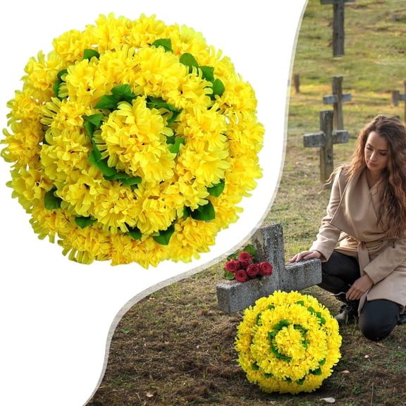 Nnndbs Yellow Artificial Chrysanthemum Memorial Wreath 40cm Cemetery Grave Flowers for Tombstone Sympathy Decoration UV Resistant Outdoor Floral Wreath for Memorial Day Funeral Grave Decor