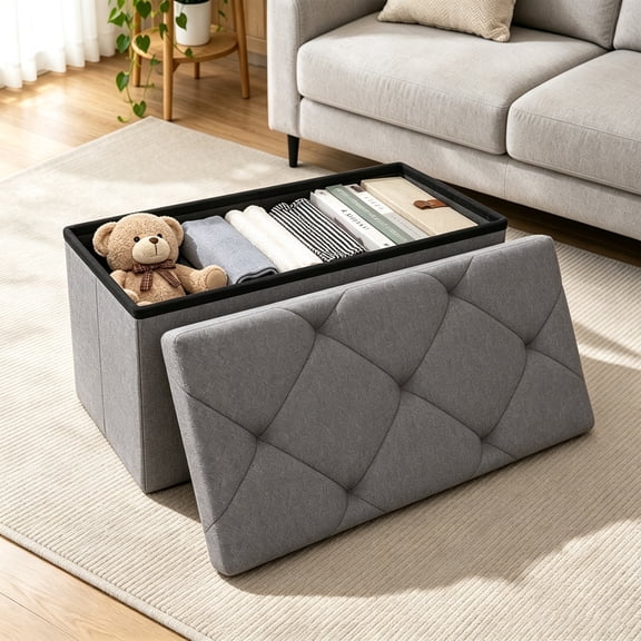 Nnovaroom Storage Ottoman Bench, Folding Ottoman With Storage, 30 Inch Bench Seat with Lid for Bedroom Living Room Entryway,Gray Fabric
