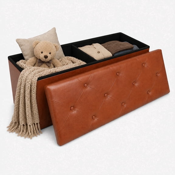 Nnovaroom 43 Inches Storage Ottoman Bench, Footstool with Storage for Living Room Bedroom Entryway, Load 400 lb, Synthetic Leather, Brown