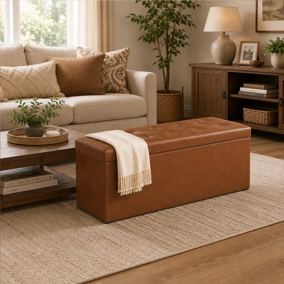 Nnovaroom 43 Inches Storage Ottoman Bench, Footstool with Storage for Living Room Bedroom Entryway, Load 400 lb, Synthetic Leather, Brown