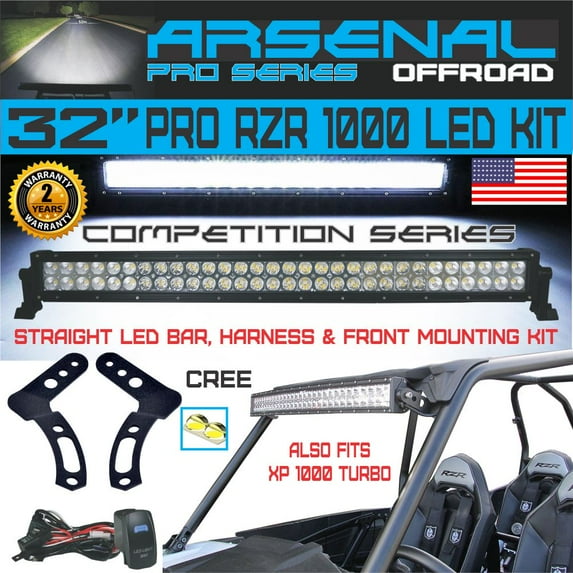 No.1 32" Arsenal Polaris RZR XP900 XP1000 LED Light Bar KIT 180w Flood/Spot Combo Beam CREE 3w LED's 18,000 Lumen, Polaris RZR XP900 XP1000 RZR4 XP4 2014-2018, Front mounts, Wire Harness