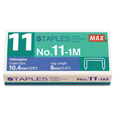 MAX No. 11 Mini Staples, 0.25" Leg, 0.38" Crown, Steel, 1,000/Box