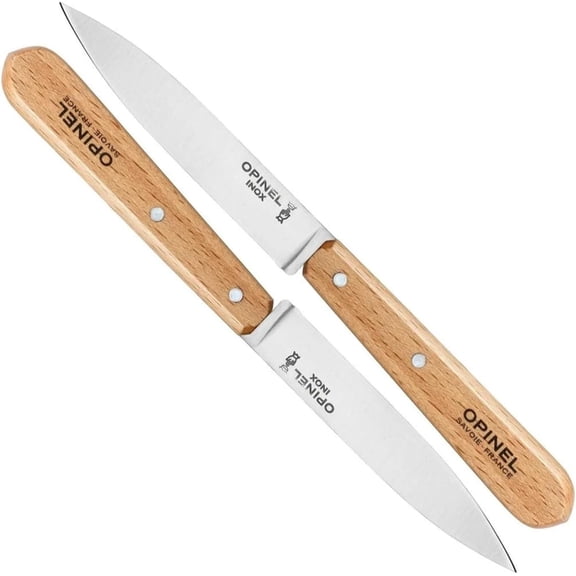 No. 112 Paring Knives 2 Piece Set, Sandvik 12C27 Steel Everyday Use Prep Knives for Chopping, Peeling, Slicing, Trimming, Stabilized Sustainably Harvested Beechwood Handles, Made in France