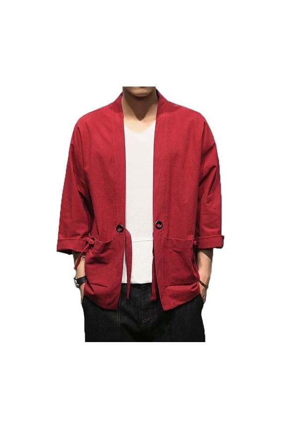 No.3 Standing Collar Cotton & Linen Chinese Half Sleeve Kungfu Cloth Outerware Mens Shirt, Red