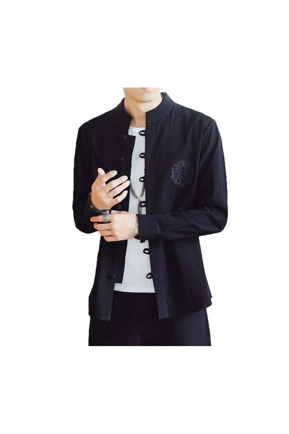 No.3 Standing Collar Cotton & Linen Chinese Long Sleeve Kungfu Cloth Outerware Mens Shirt, Black