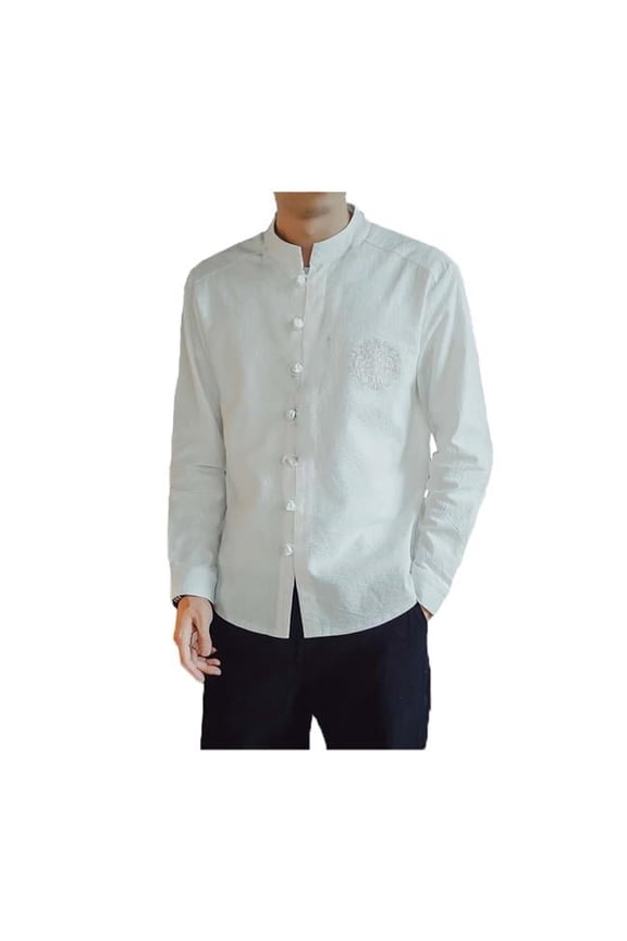 No.3 Standing Collar Cotton & Linen Chinese Long Sleeve Kungfu Cloth Outerware Mens Shirt, White