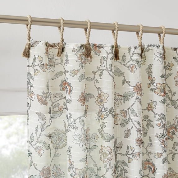 No. 918 Abigail 2-pack Rope Tab Top Floral Sheer Curtain Panel Pair, Sage Green, 50"W x 84"L (2 Panels)