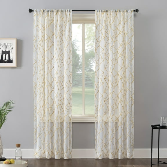 No. 918 Abstract Geometric Embroidery Semi-Sheer Rod Pocket Curtain Panel, 50" x 63", Black