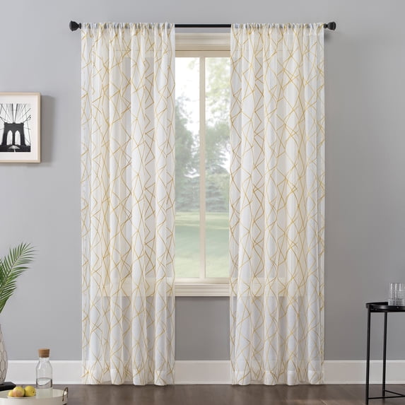 No. 918 Abstract Geometric Embroidery Semi-Sheer Rod Pocket Curtain Panel, 50" x 63", Black