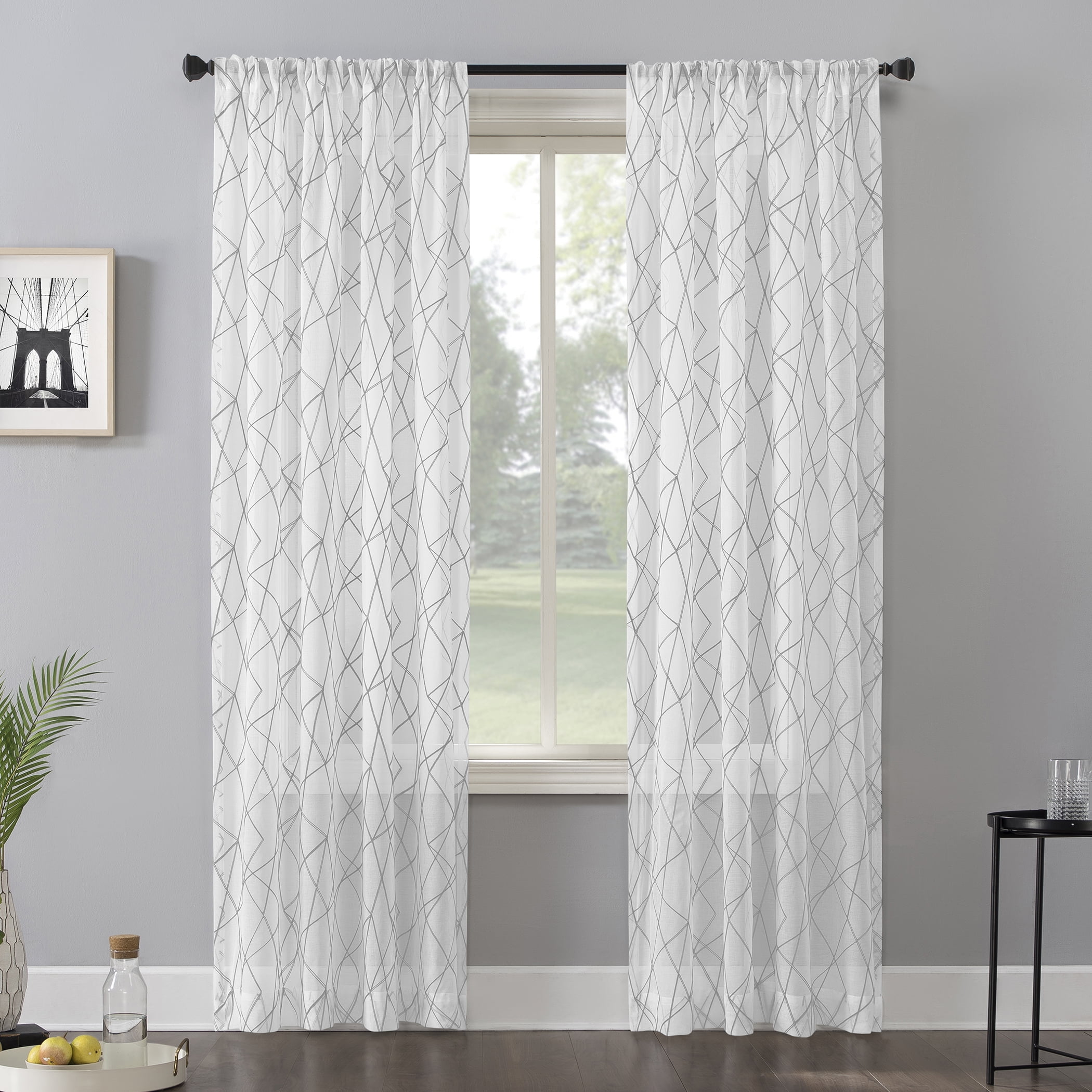 Gray Geometric Embroidery Semi-Sheer Rod Pocket Curtain Panel