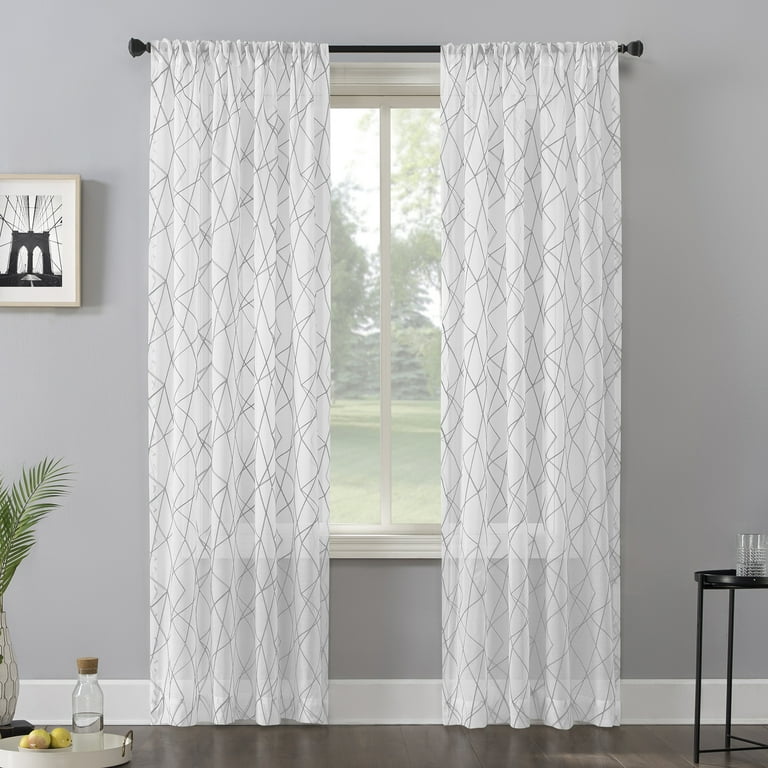 No. 918 Abstract Geometric Embroidery Semi-Sheer Rod Pocket Curtain Panel,  50 x 84, Gray