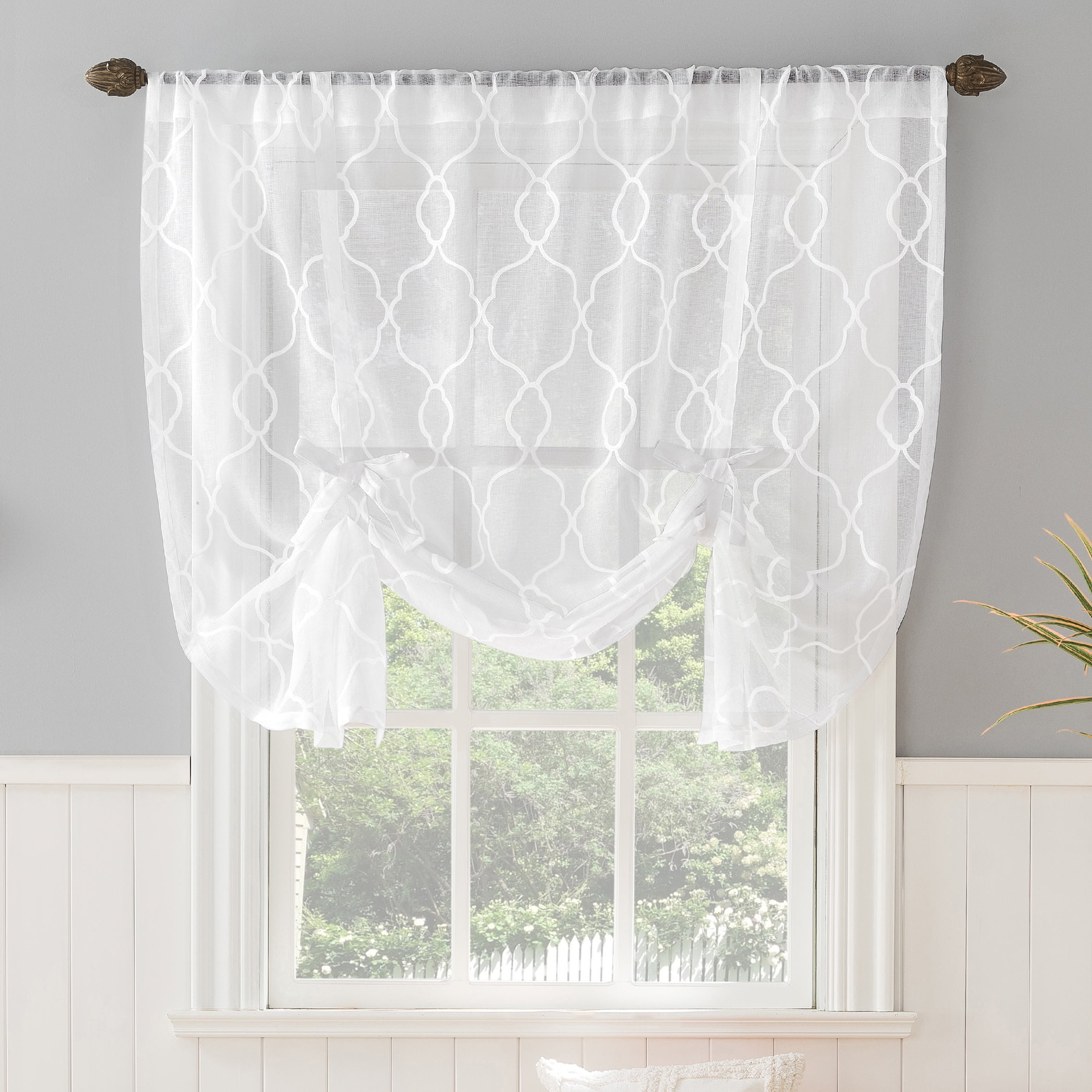 White Embroidered Trellis Light-Filtering Rod Pocket Window Shade
