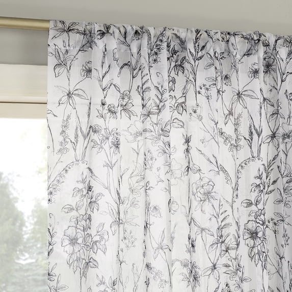No. 918 Ambree Vintage Floral Sheer Rod Pocket Curtain Panel, 51"W x 96"L, Black/White
