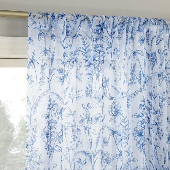 No. 918 Ambree Vintage Floral Sheer Rod Pocket Curtain Panel, 51"W x 96"L, Chinoiserie Blue