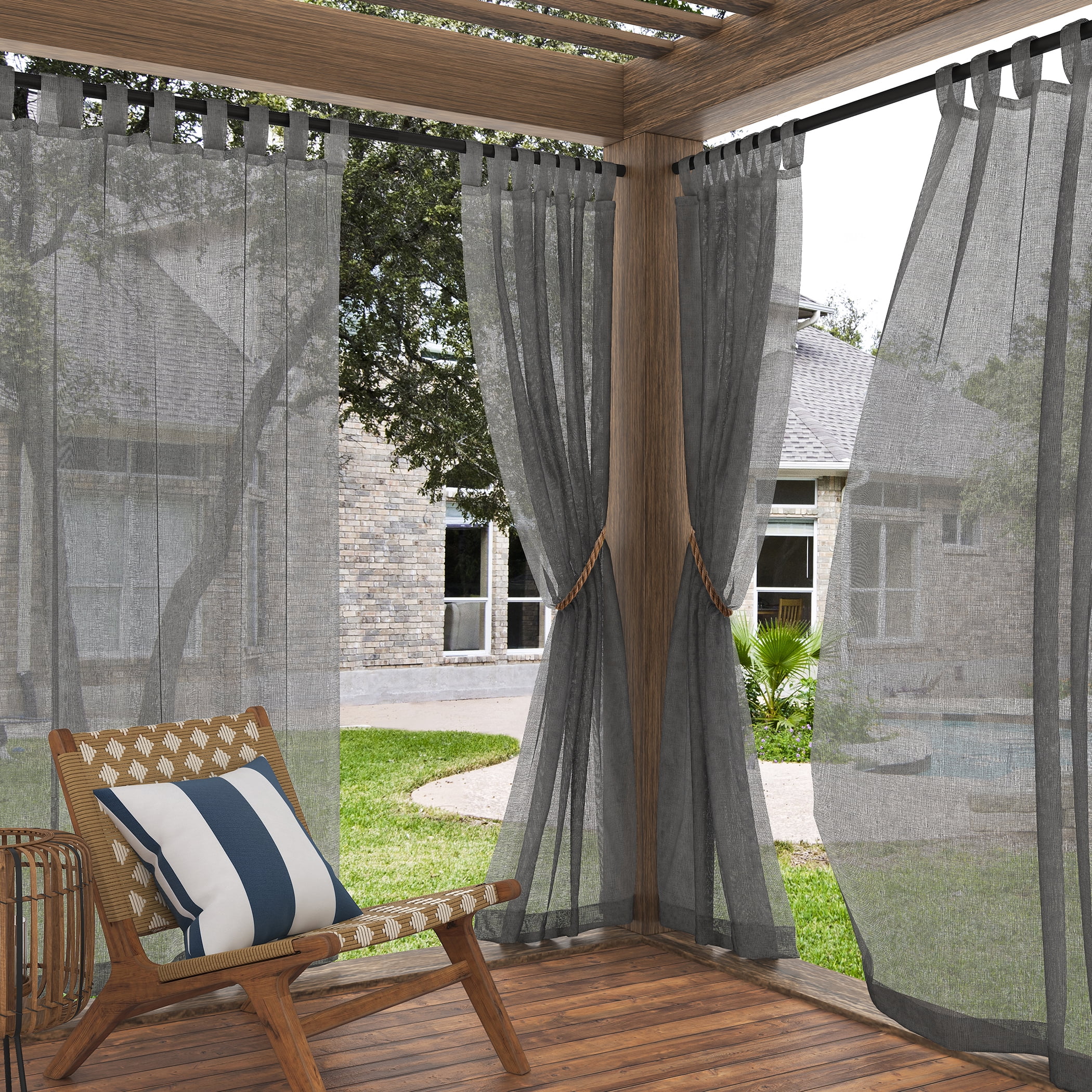 No. 918 Amina Open Weave Indoor/Outdoor Sheer Tab Top Curtain Panel, 50"x96", Gray