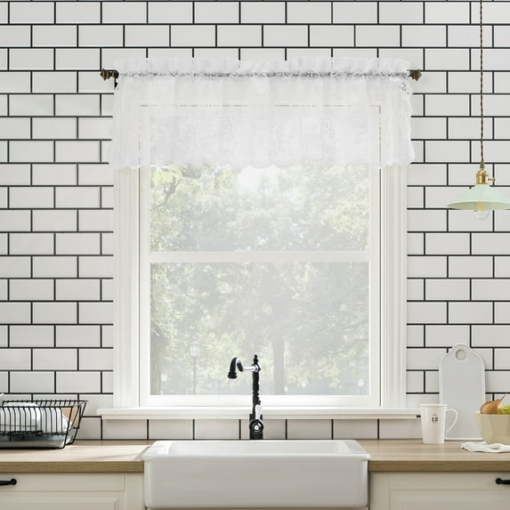 No. 918 Ariella 1-Piece Floral Lace Sheer Rod Pocket Kitchen Curtain Valance, 58"x14", White