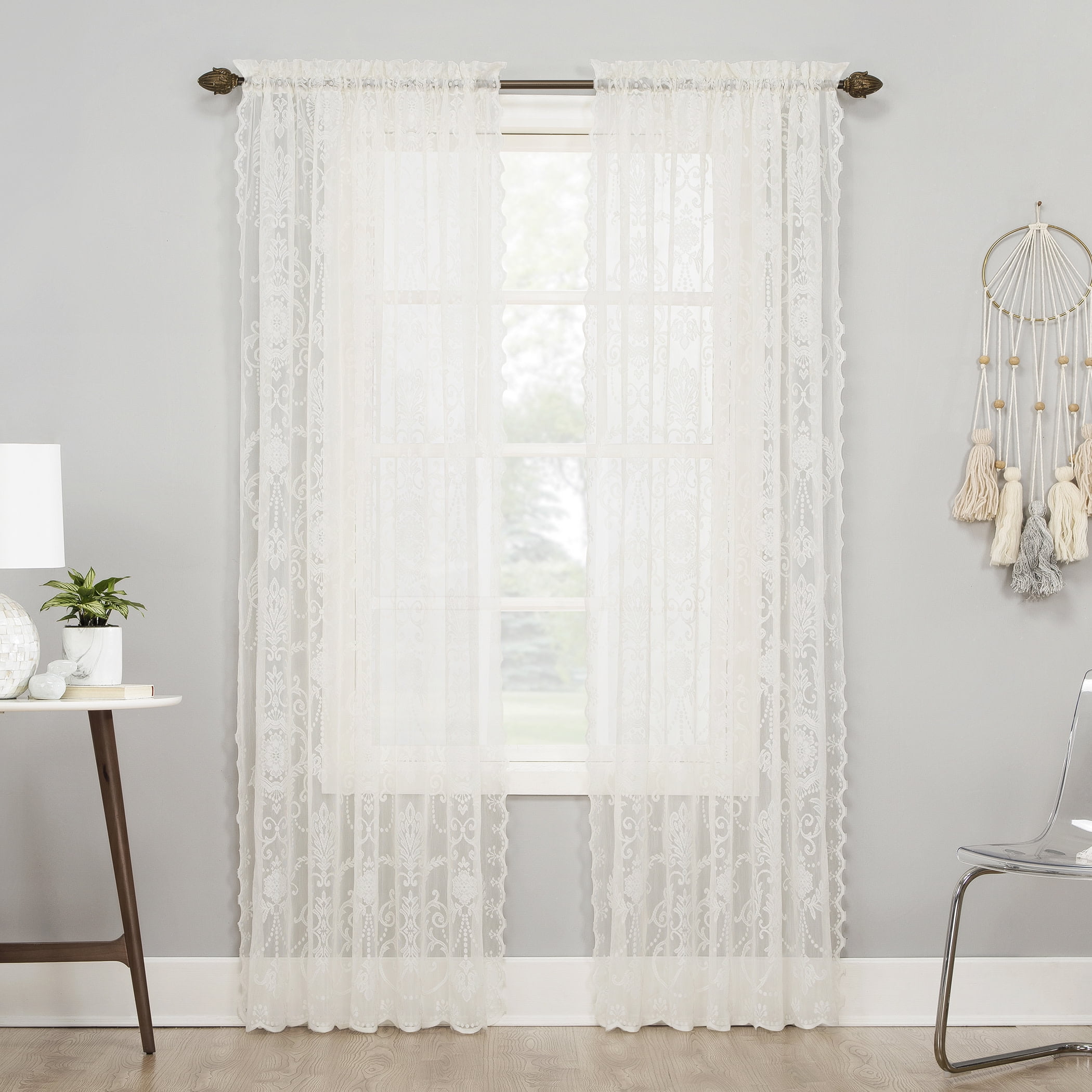 Ivory Floral Lace Sheer Rod Pocket Curtain Panel, 58" x 63"